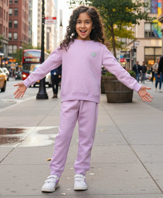 PURPLE MELANGE GIRLS FLEECE SWEATSHIRT JOGGER SET - PURPLE