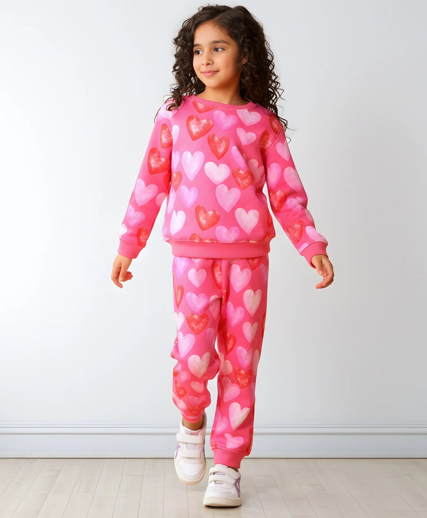 HEART PINK FLEECE GIRLS SWEATSHIRT JOGGER SET - PINK