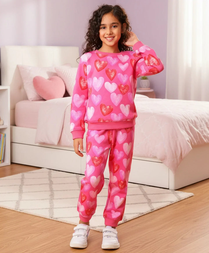 HEART PINK FLEECE GIRLS SWEATSHIRT JOGGER SET - PINK - Anthrilo 