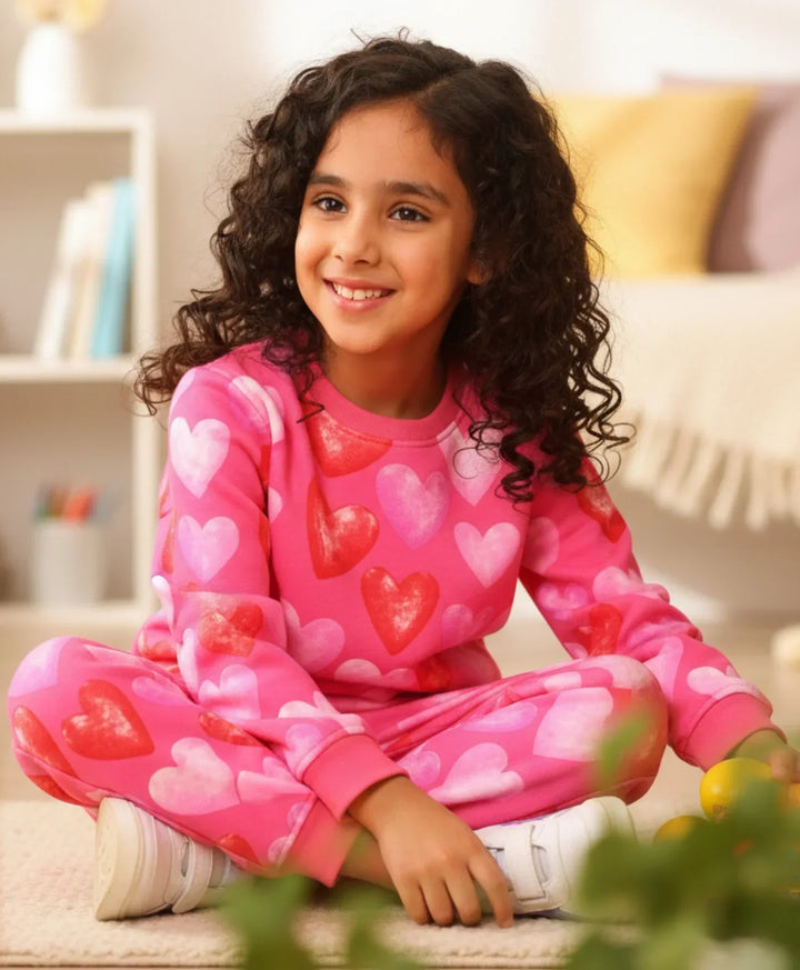 HEART PINK FLEECE GIRLS SWEATSHIRT JOGGER SET - PINK - Anthrilo 