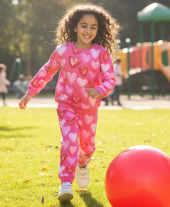 HEART PINK FLEECE GIRLS SWEATSHIRT JOGGER SET - PINK - Anthrilo 