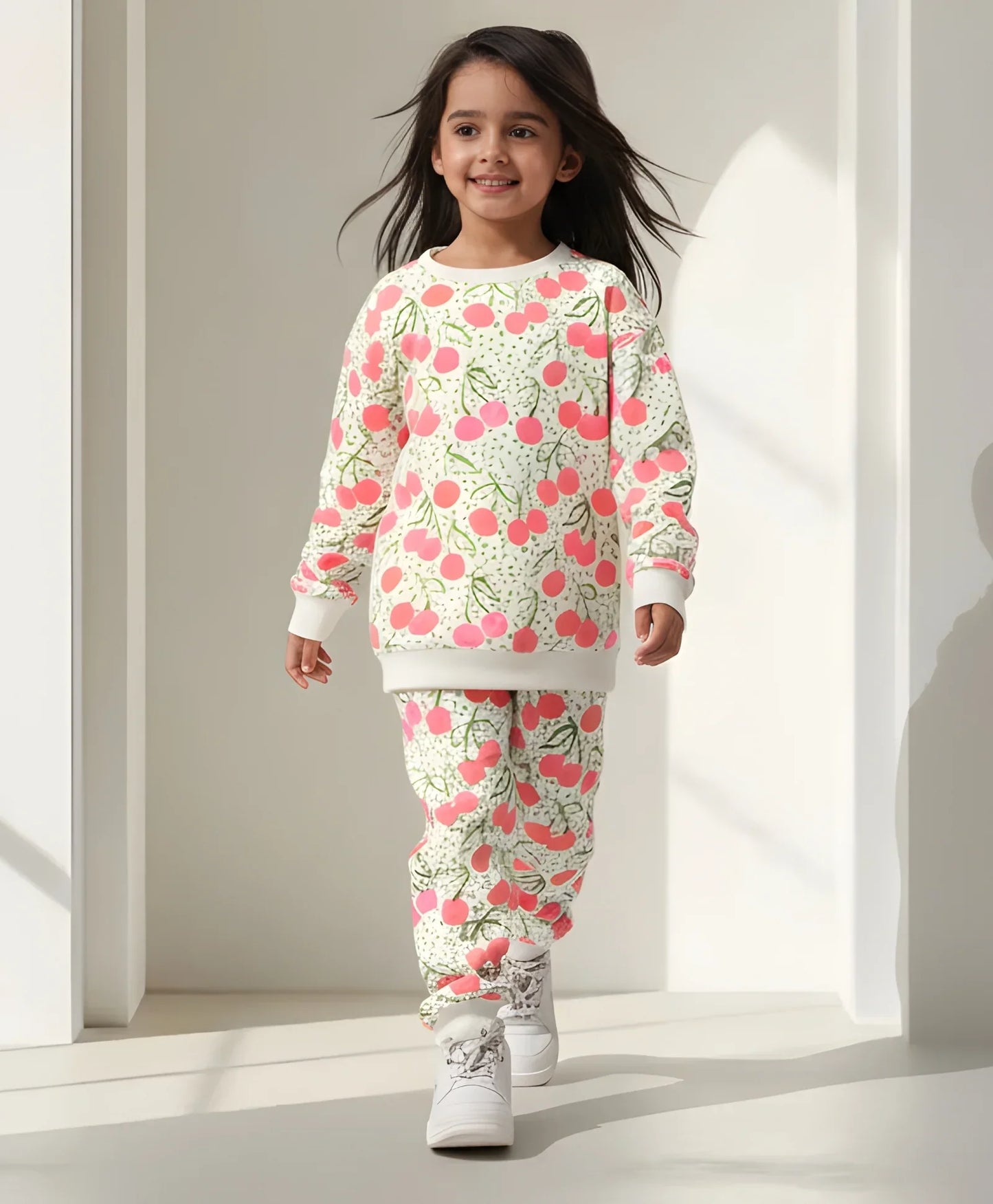 CHERRY LOVE FLEECE GIRLS SWEATSHIRT JOGGER SET - OFF WHITE
