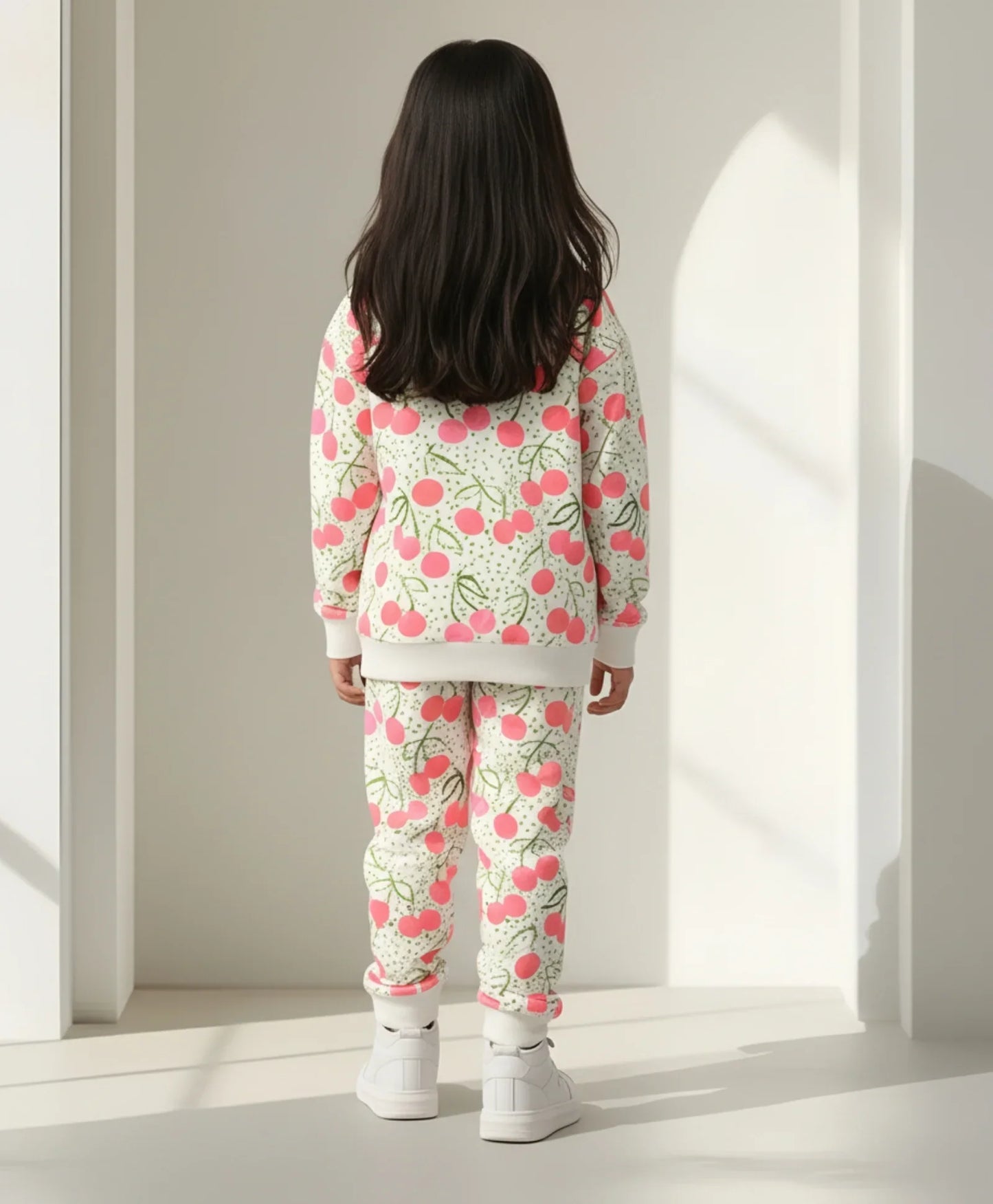 CHERRY LOVE FLEECE GIRLS SWEATSHIRT JOGGER SET - OFF WHITE