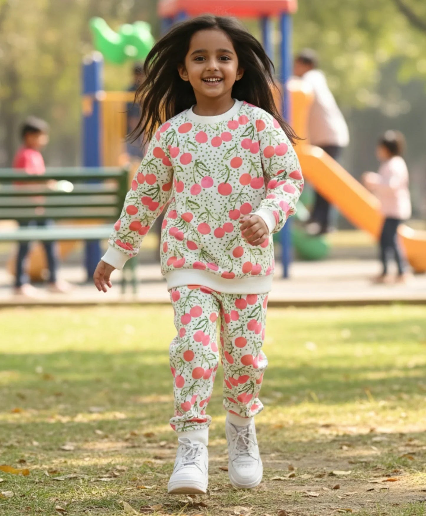 CHERRY LOVE FLEECE GIRLS SWEATSHIRT JOGGER SET - OFF WHITE