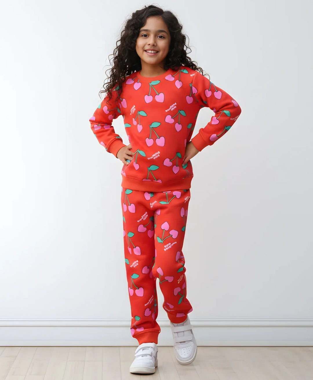 CHERRY RED FLEECE GIRLS SWEATSHIRT JOGGER SET - RED - Anthrilo 