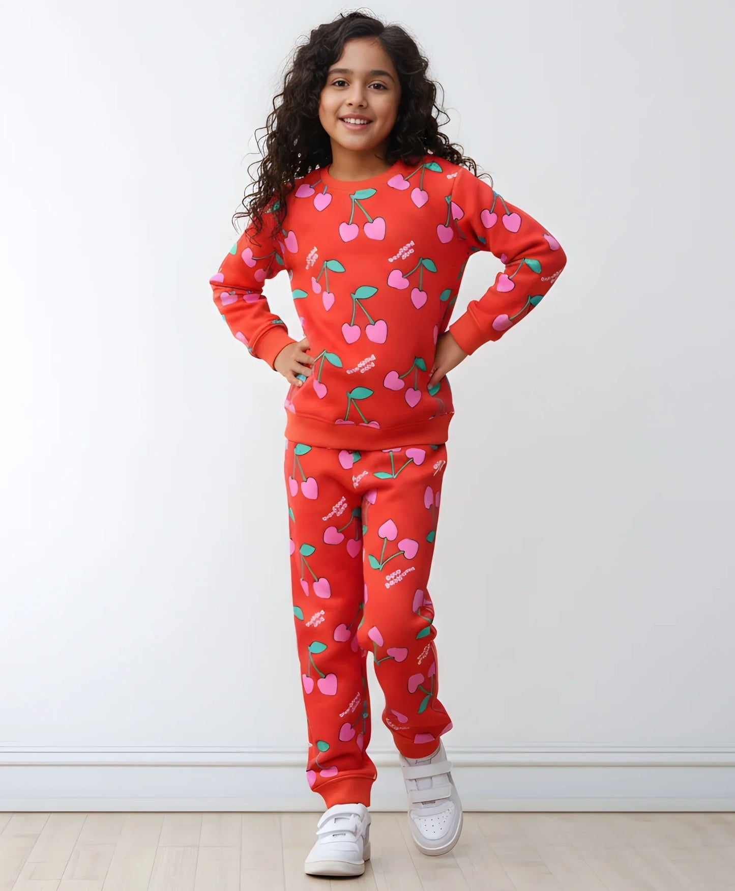 CHERRY RED FLEECE GIRLS SWEATSHIRT JOGGER SET - RED