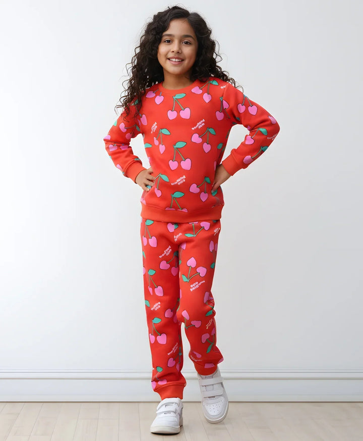 CHERRY RED FLEECE GIRLS SWEATSHIRT JOGGER SET - RED - Anthrilo 
