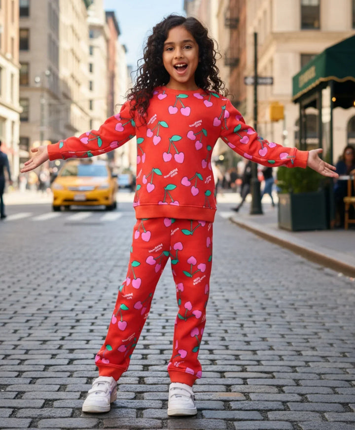 CHERRY RED FLEECE GIRLS SWEATSHIRT JOGGER SET - RED - Anthrilo 