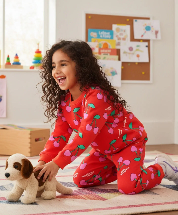 CHERRY RED FLEECE GIRLS SWEATSHIRT JOGGER SET - RED - Anthrilo 