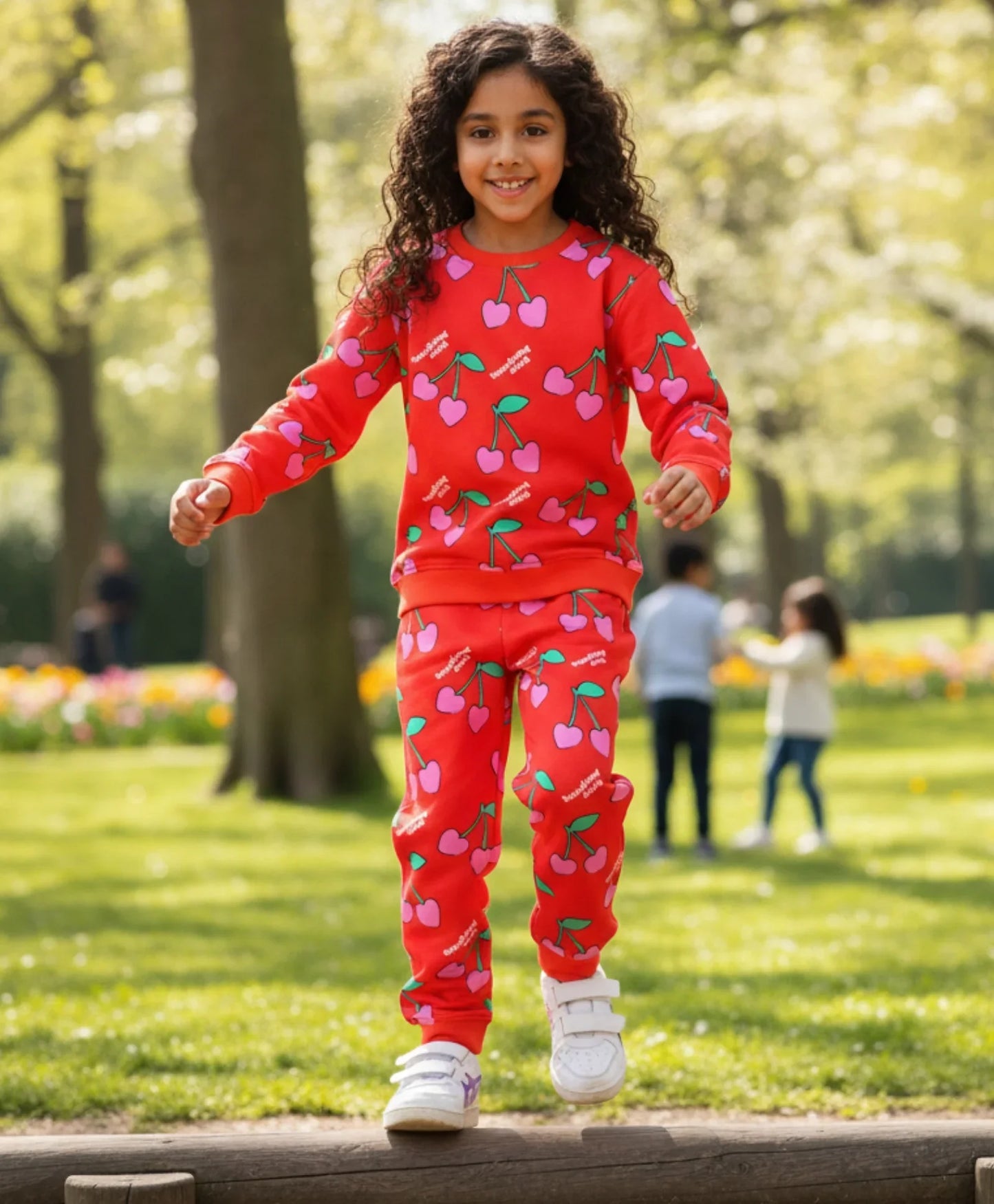 CHERRY RED FLEECE GIRLS SWEATSHIRT JOGGER SET - RED