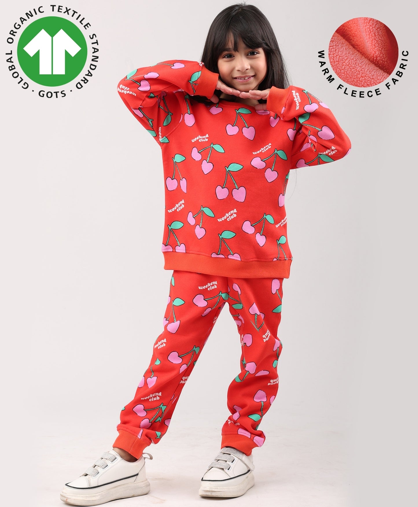 CHERRY RED FLEECE GIRLS SWEATSHIRT JOGGER SET - RED
