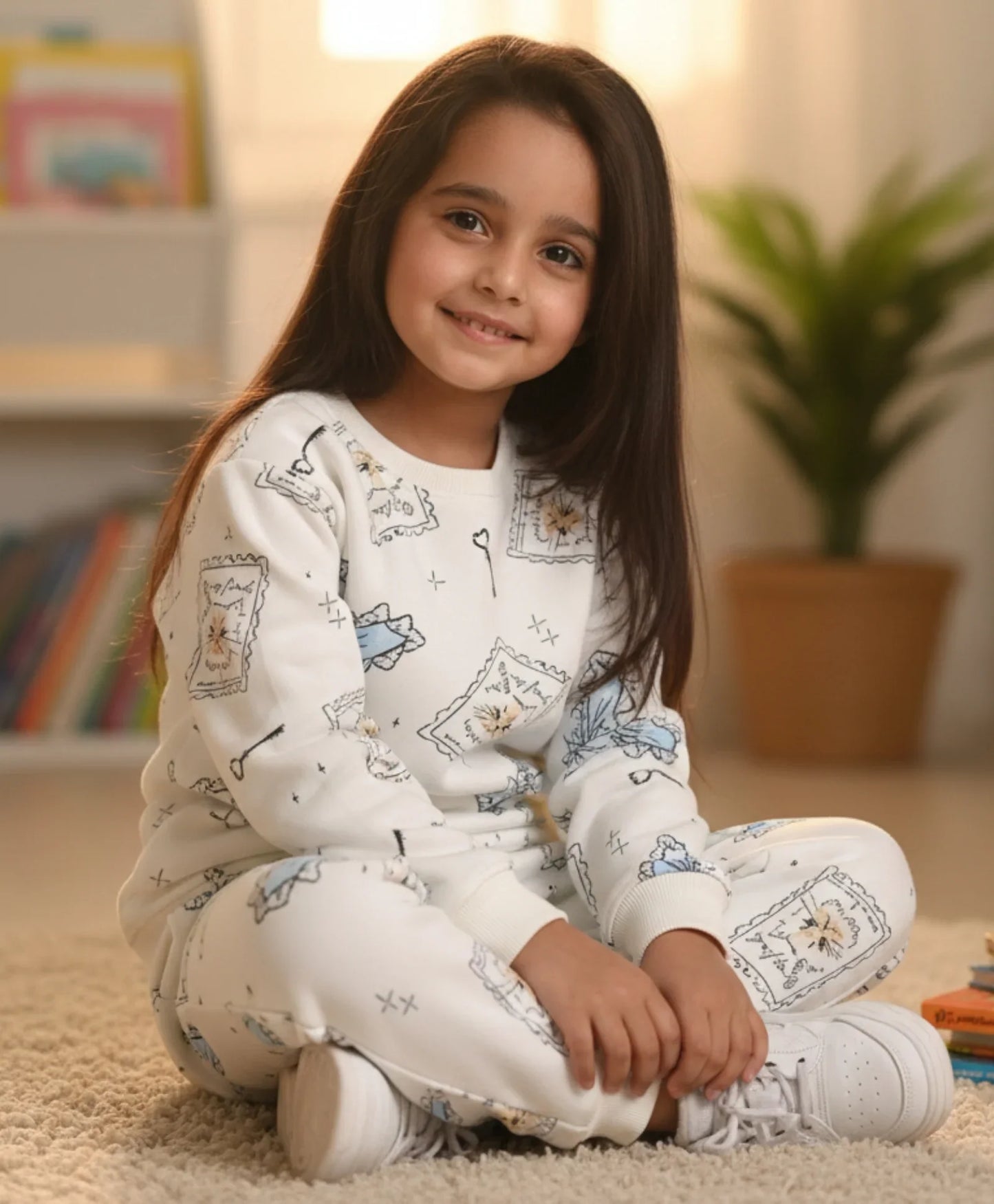 BOW KEY CAT GIRLS FLEECE SWEATSHIRT JOGGER SET - WHITE