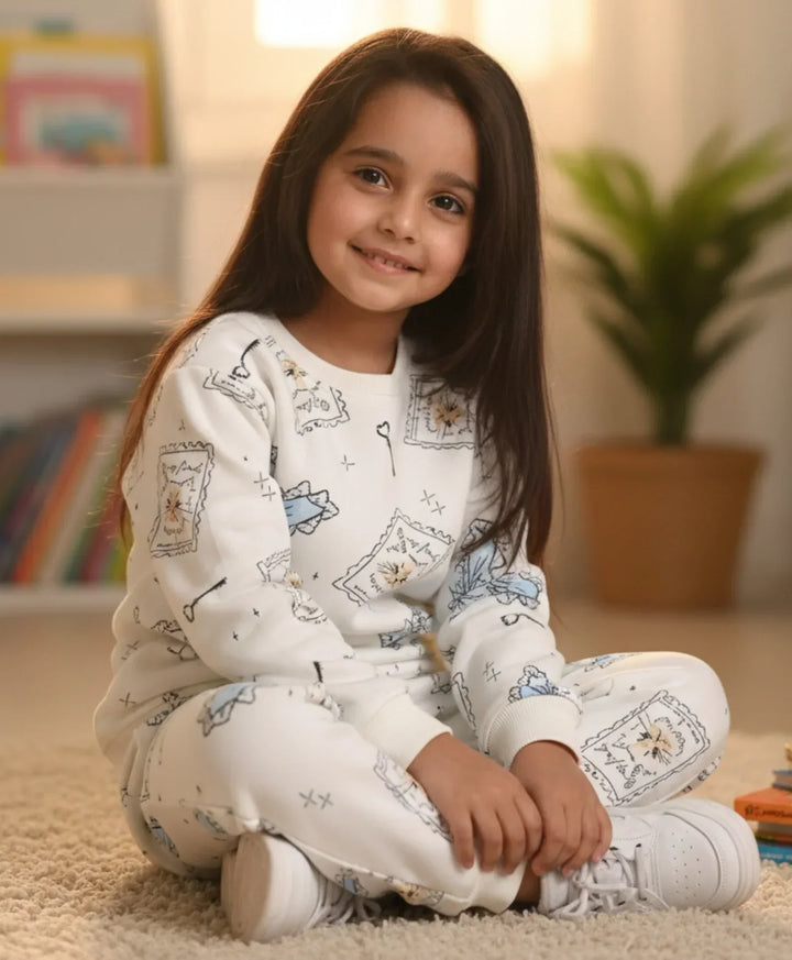 BOW KEY CAT GIRLS FLEECE SWEATSHIRT JOGGER SET - WHITE - Anthrilo 