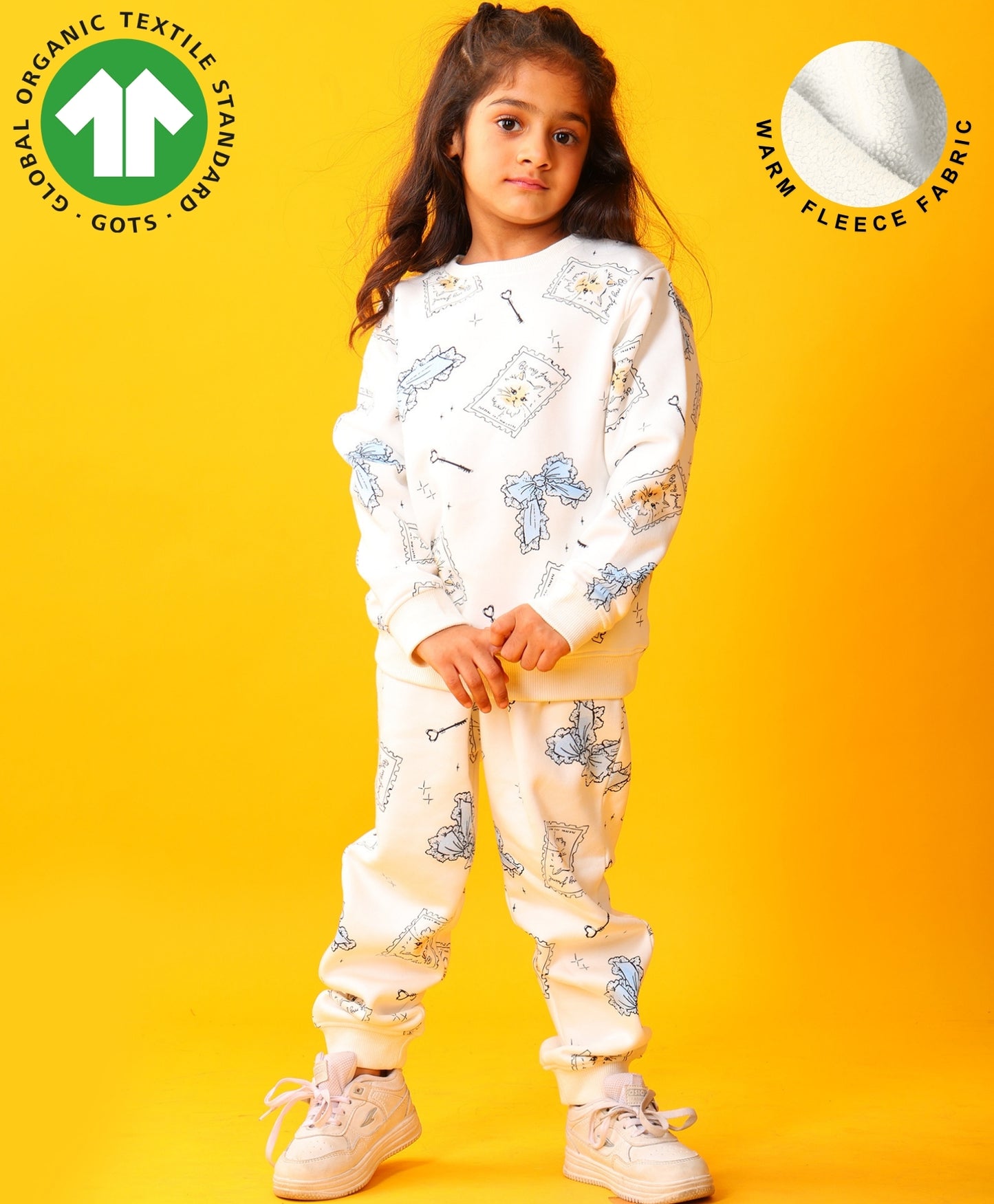 BOW KEY CAT GIRLS FLEECE SWEATSHIRT JOGGER SET - WHITE