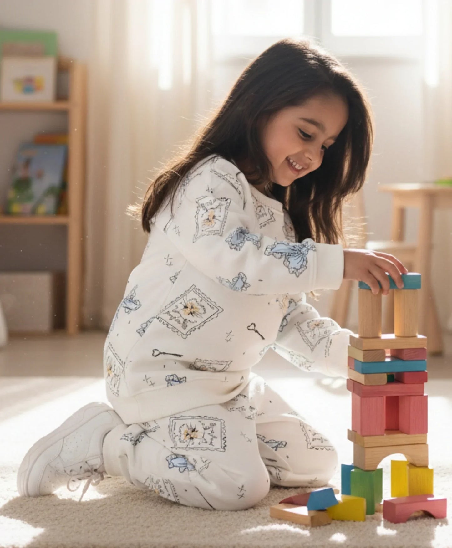 BOW KEY CAT GIRLS FLEECE SWEATSHIRT JOGGER SET - WHITE