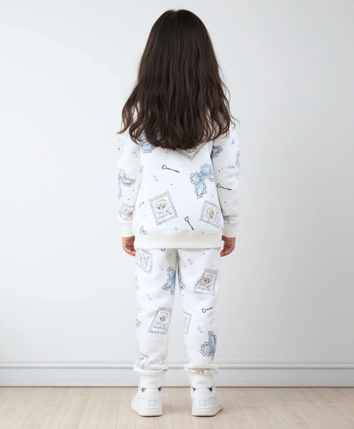BOW KEY CAT GIRLS FLEECE SWEATSHIRT JOGGER SET - WHITE - Anthrilo 