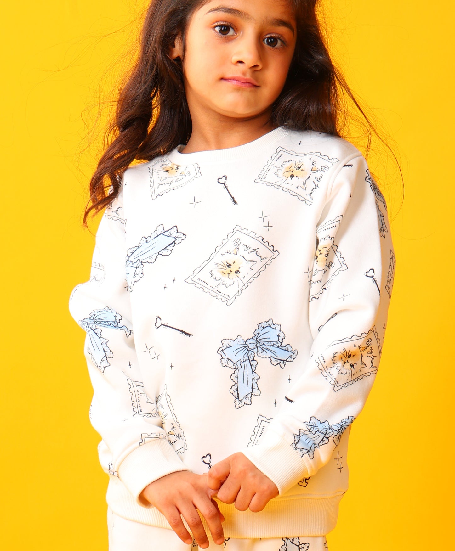 BOW KEY CAT GIRLS FLEECE SWEATSHIRT JOGGER SET - WHITE