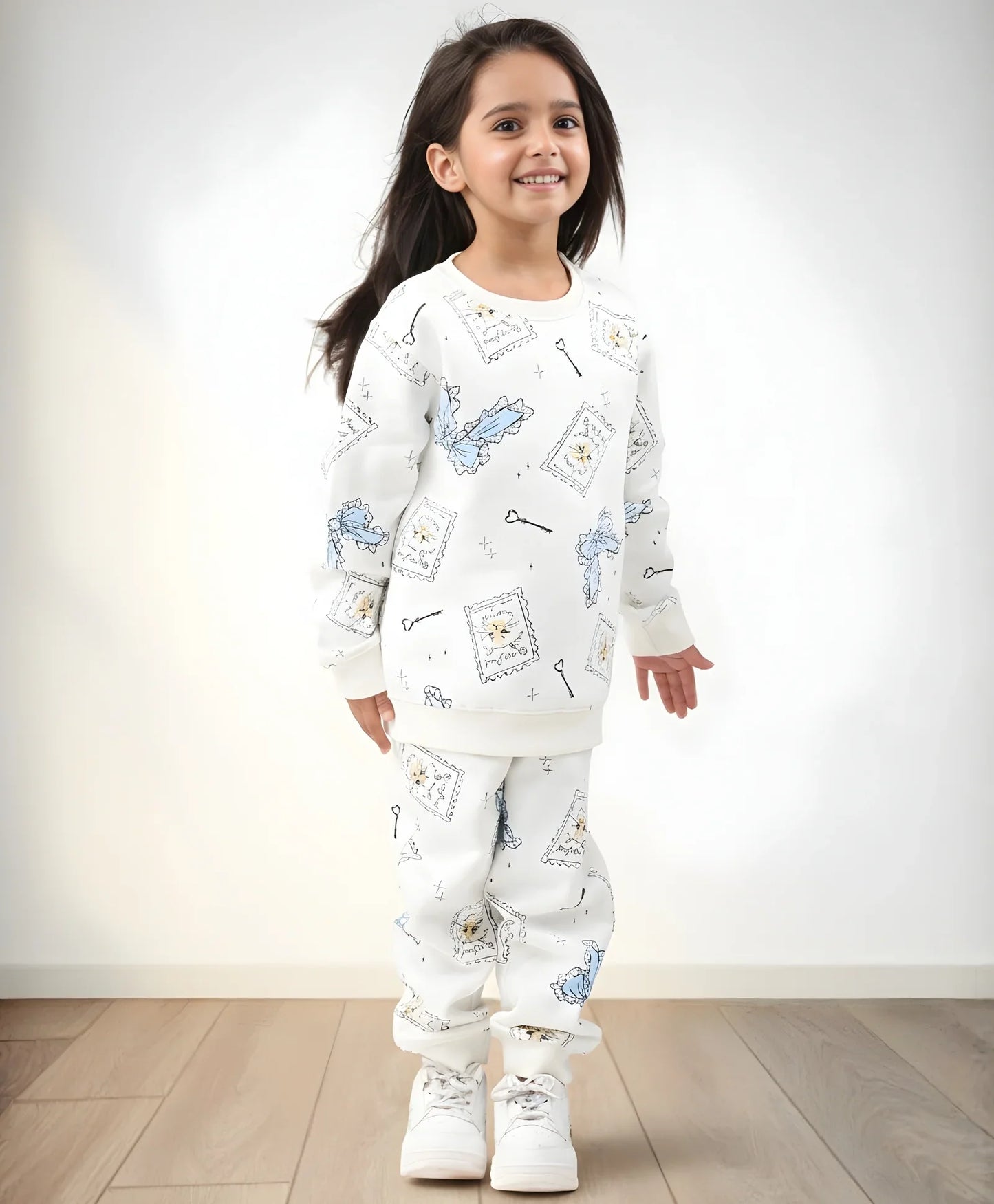 BOW KEY CAT GIRLS FLEECE SWEATSHIRT JOGGER SET - WHITE
