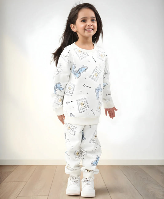 BOW KEY CAT GIRLS FLEECE SWEATSHIRT JOGGER SET - WHITE