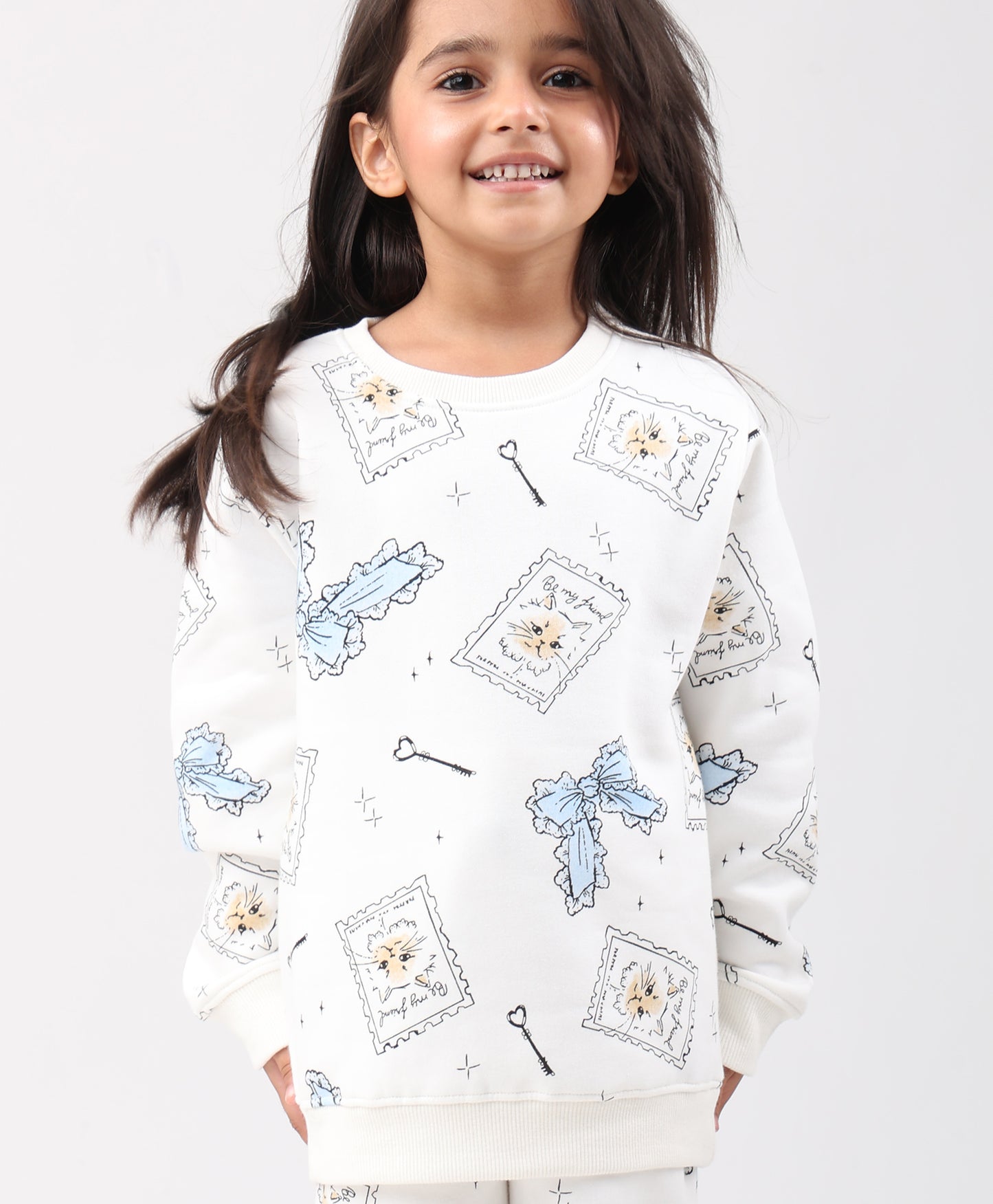 BOW KEY CAT GIRLS FLEECE SWEATSHIRT JOGGER SET - WHITE