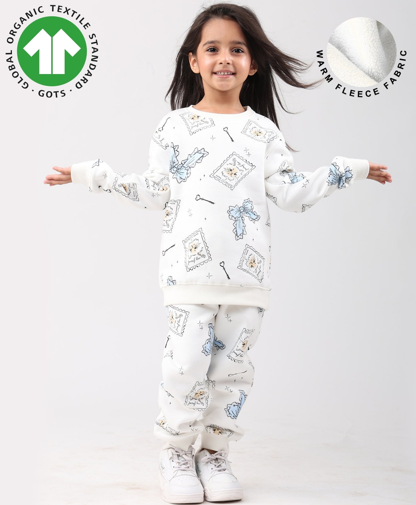 BOW KEY CAT GIRLS FLEECE SWEATSHIRT JOGGER SET - WHITE
