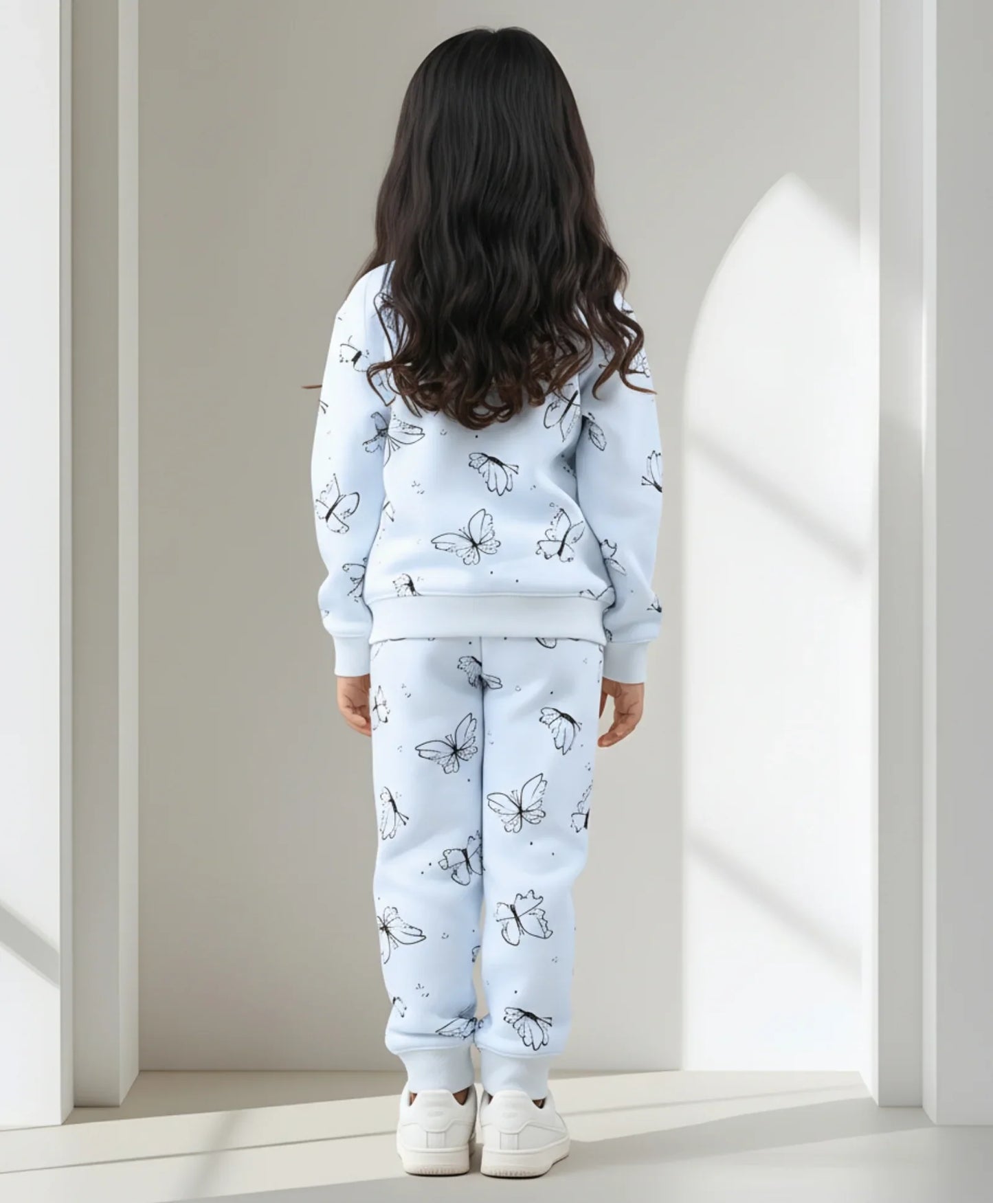 BUTTERFLY BLUE FLEECE GIRLS SWEATSHIRT JOGGER SET - BLUE