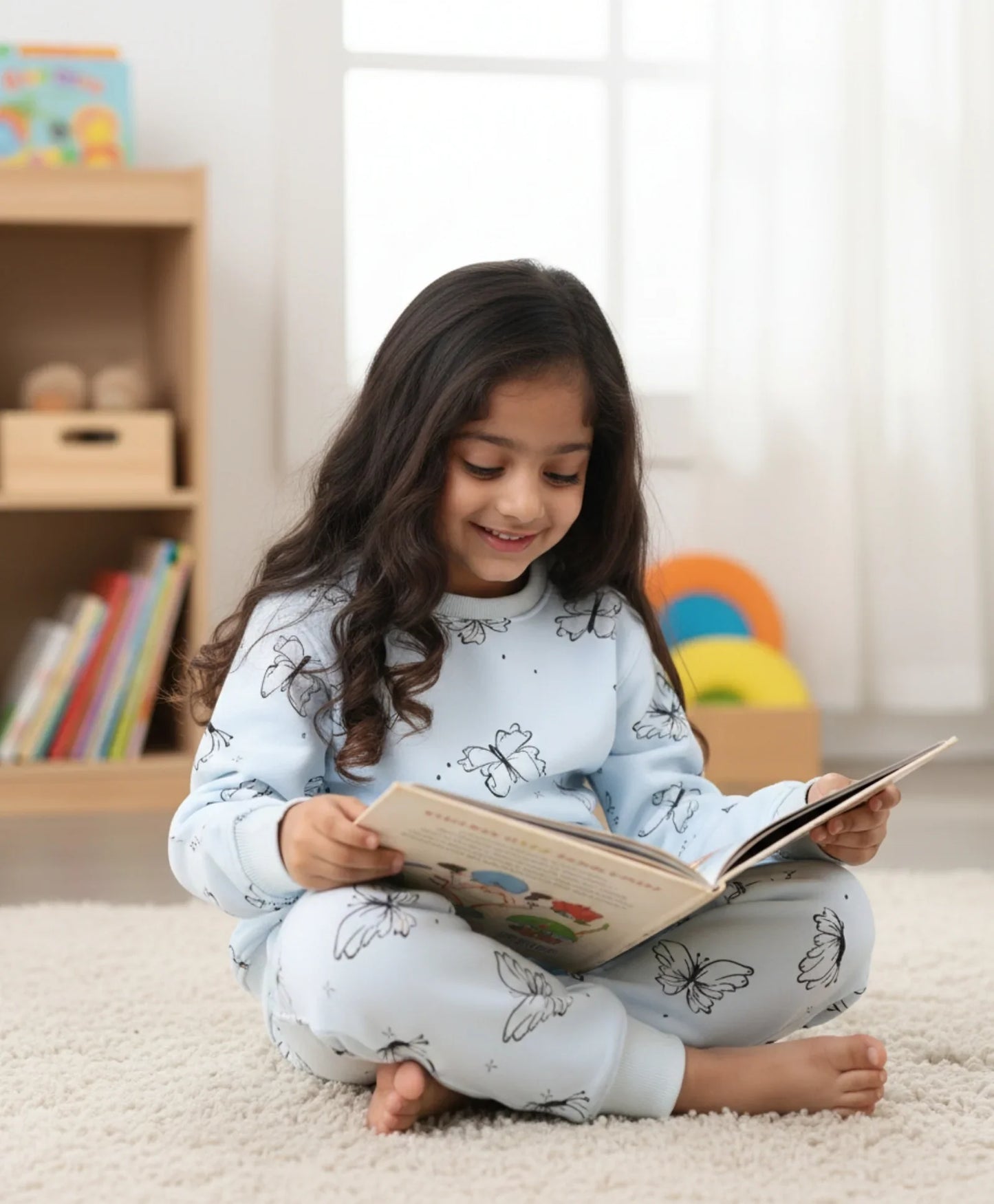 BUTTERFLY BLUE FLEECE GIRLS SWEATSHIRT JOGGER SET - BLUE