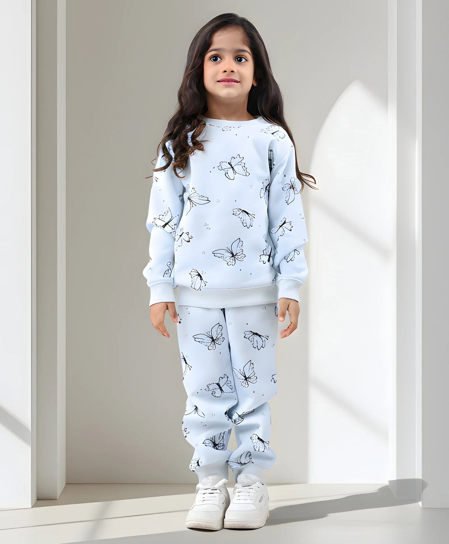 BUTTERFLY BLUE FLEECE GIRLS SWEATSHIRT JOGGER SET - BLUE