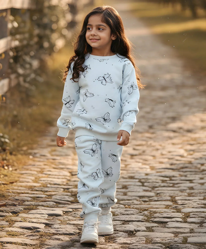 BUTTERFLY BLUE FLEECE GIRLS SWEATSHIRT JOGGER SET - BLUE - Anthrilo 