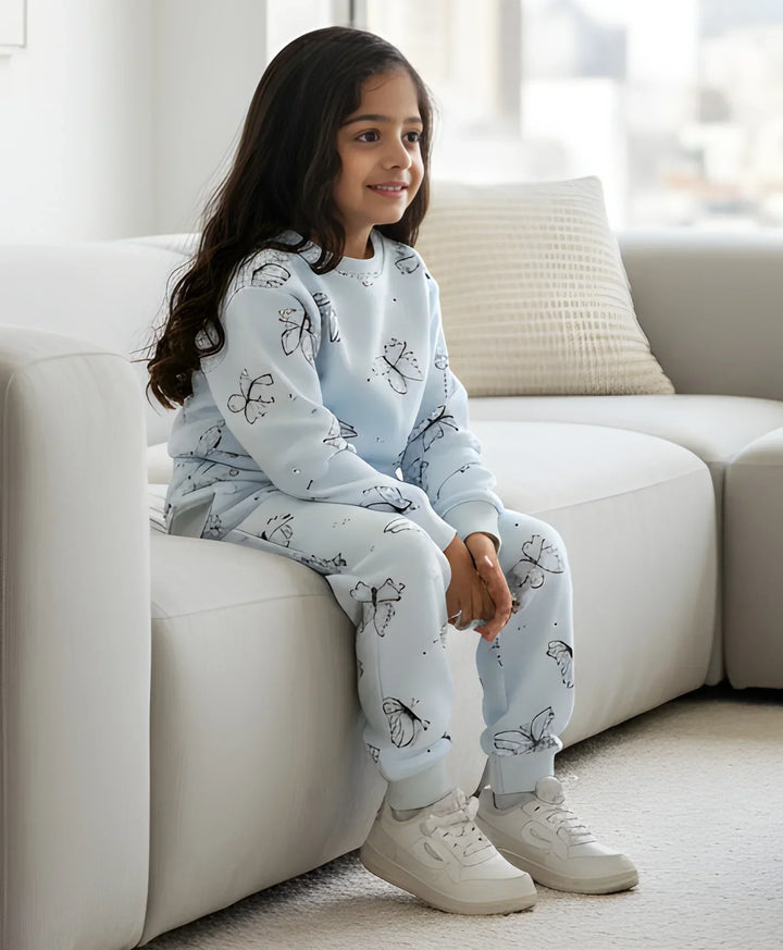 BUTTERFLY BLUE FLEECE GIRLS SWEATSHIRT JOGGER SET - BLUE - Anthrilo 