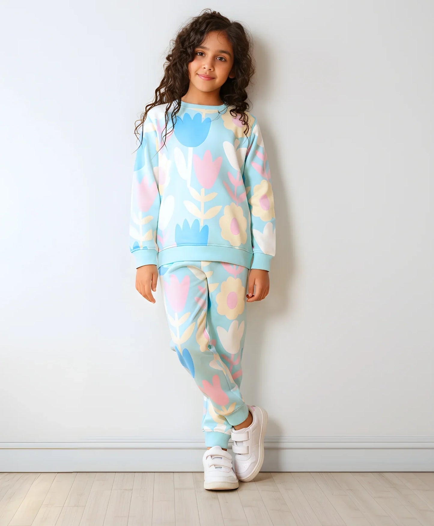 AQUA FLOWER FLEECE GIRLS SWEATSHIRT JOGGER SET - AQUA