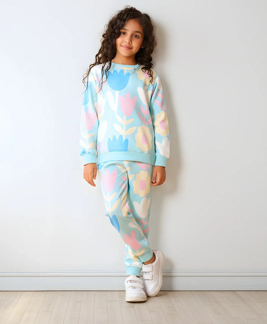 AQUA FLOWER FLEECE GIRLS SWEATSHIRT JOGGER SET - AQUA