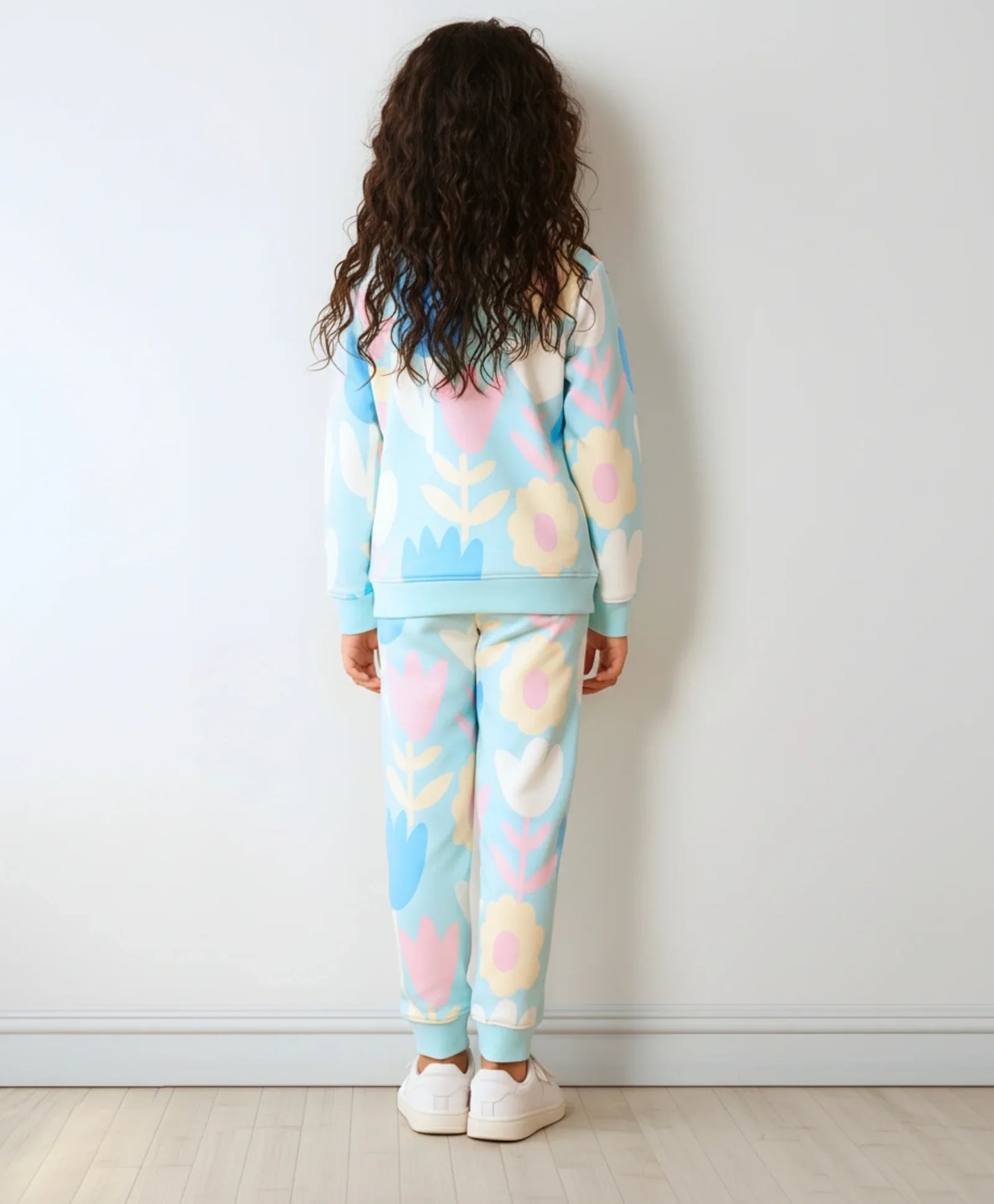 AQUA FLOWER FLEECE GIRLS SWEATSHIRT JOGGER SET - AQUA