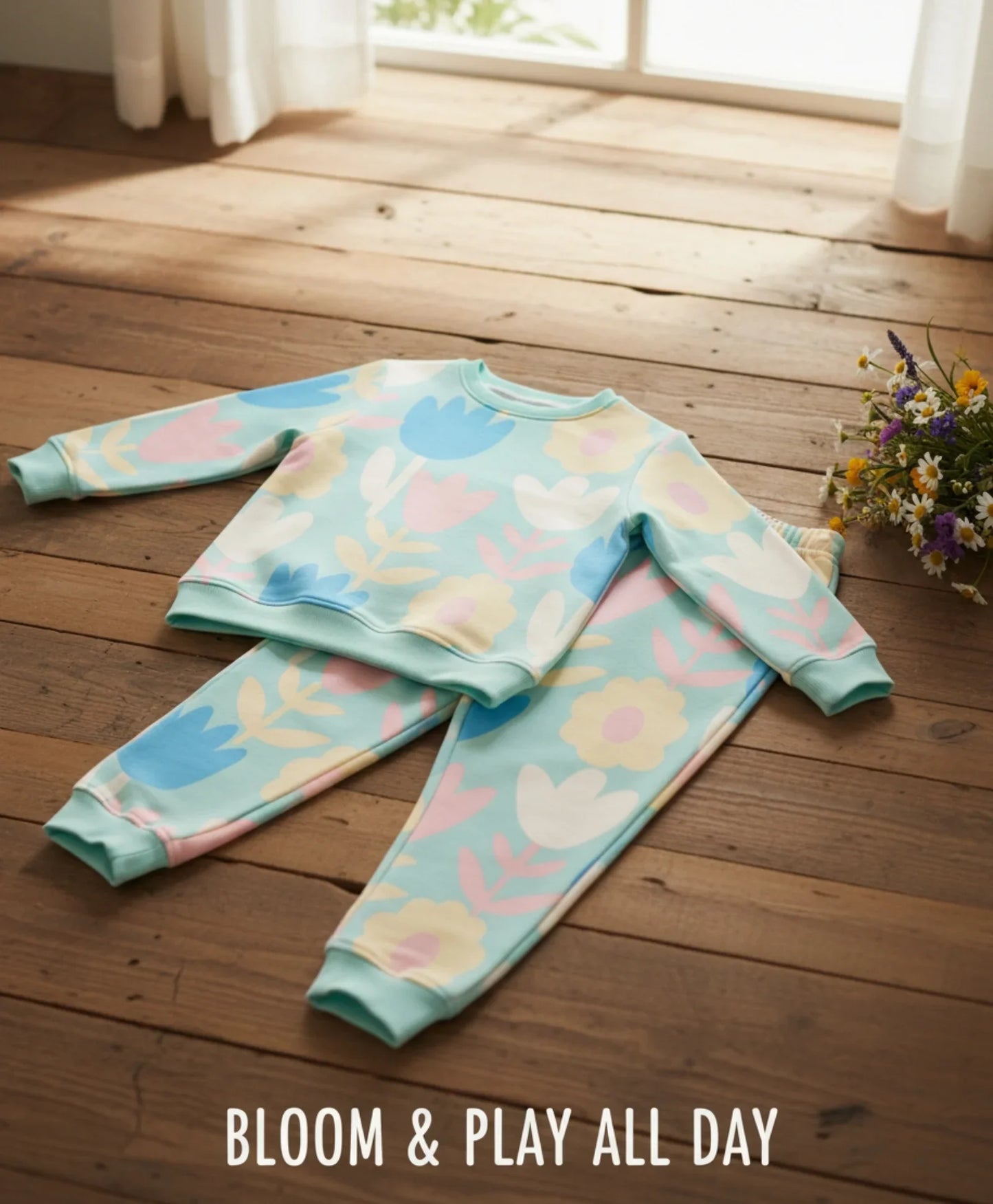 AQUA FLOWER FLEECE GIRLS SWEATSHIRT JOGGER SET - AQUA