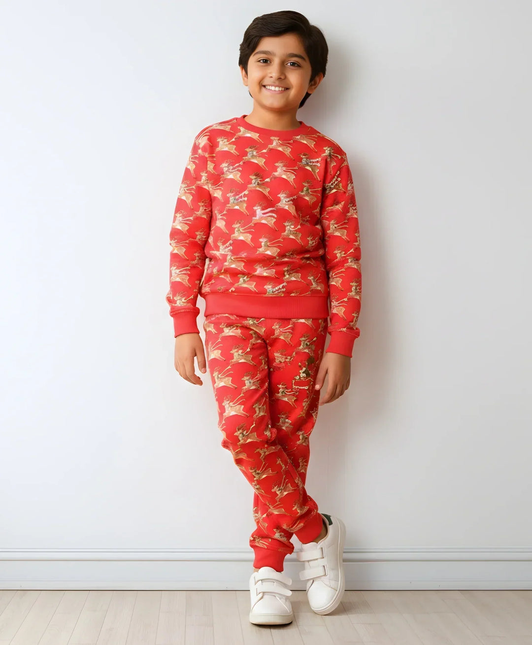 REINDEER PRINT FLEECE BOYS SWEATSHIRT JOGGER SET - RED