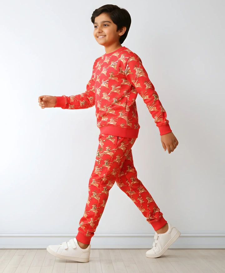 REINDEER PRINT FLEECE BOYS SWEATSHIRT JOGGER SET - RED