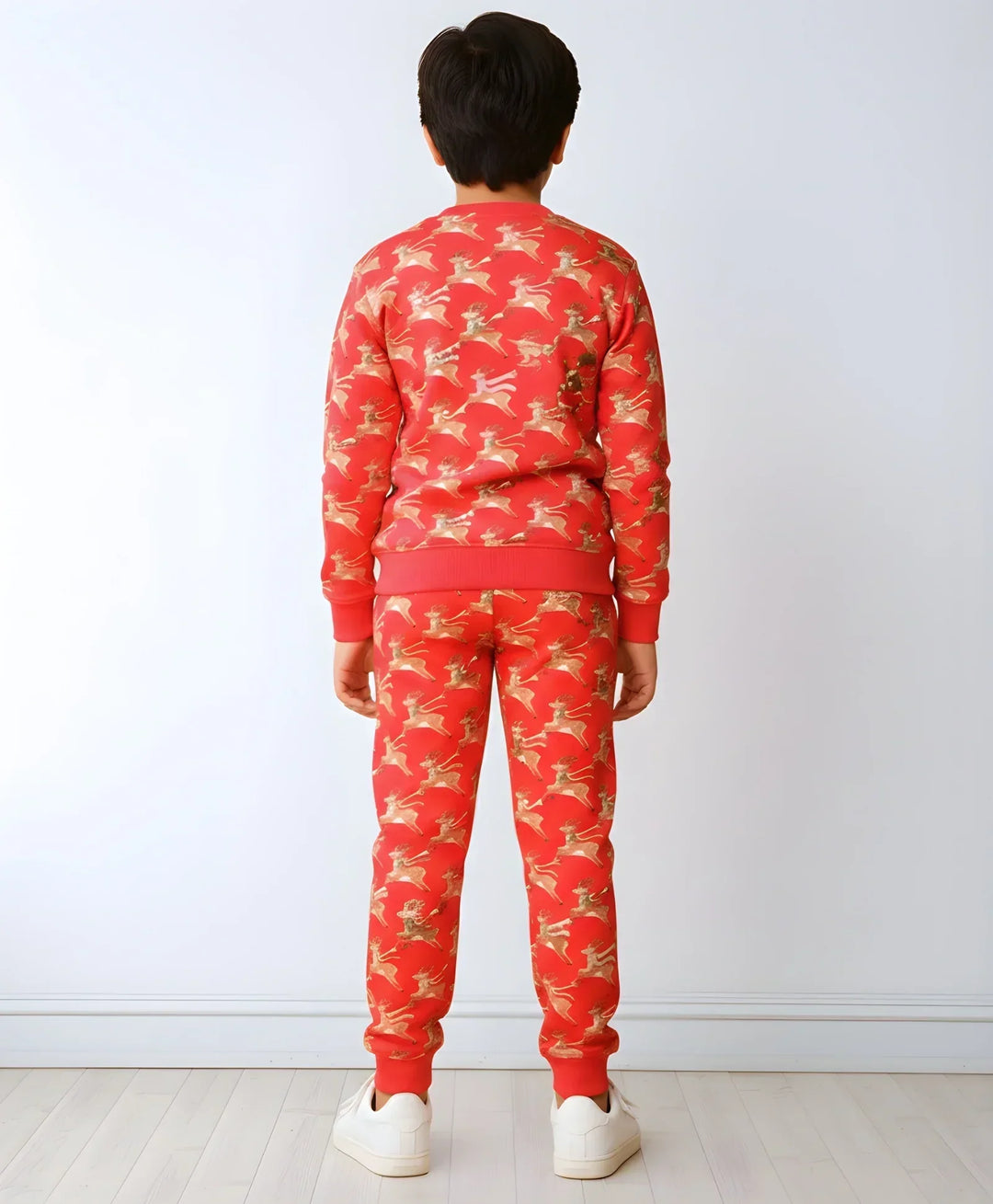 REINDEER PRINT FLEECE BOYS SWEATSHIRT JOGGER SET - RED
