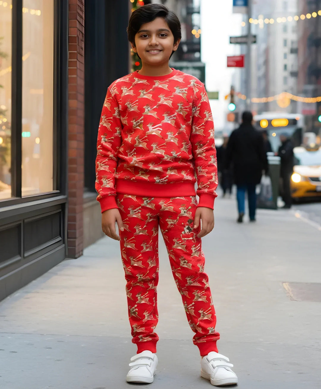 REINDEER PRINT FLEECE BOYS SWEATSHIRT JOGGER SET - RED