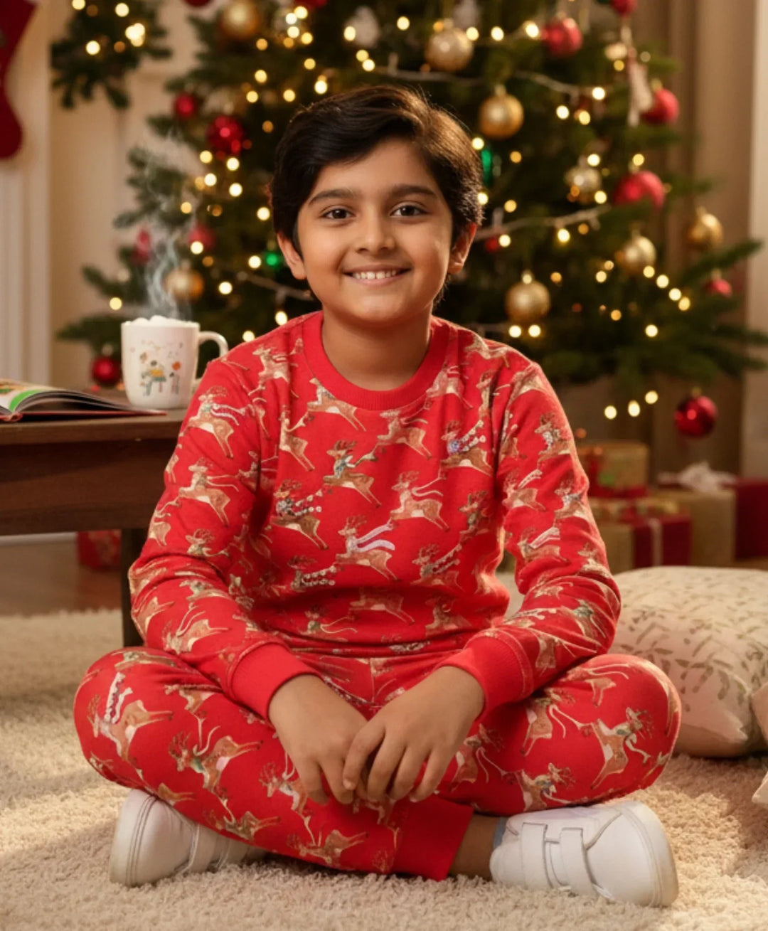 REINDEER PRINT FLEECE BOYS SWEATSHIRT JOGGER SET - RED