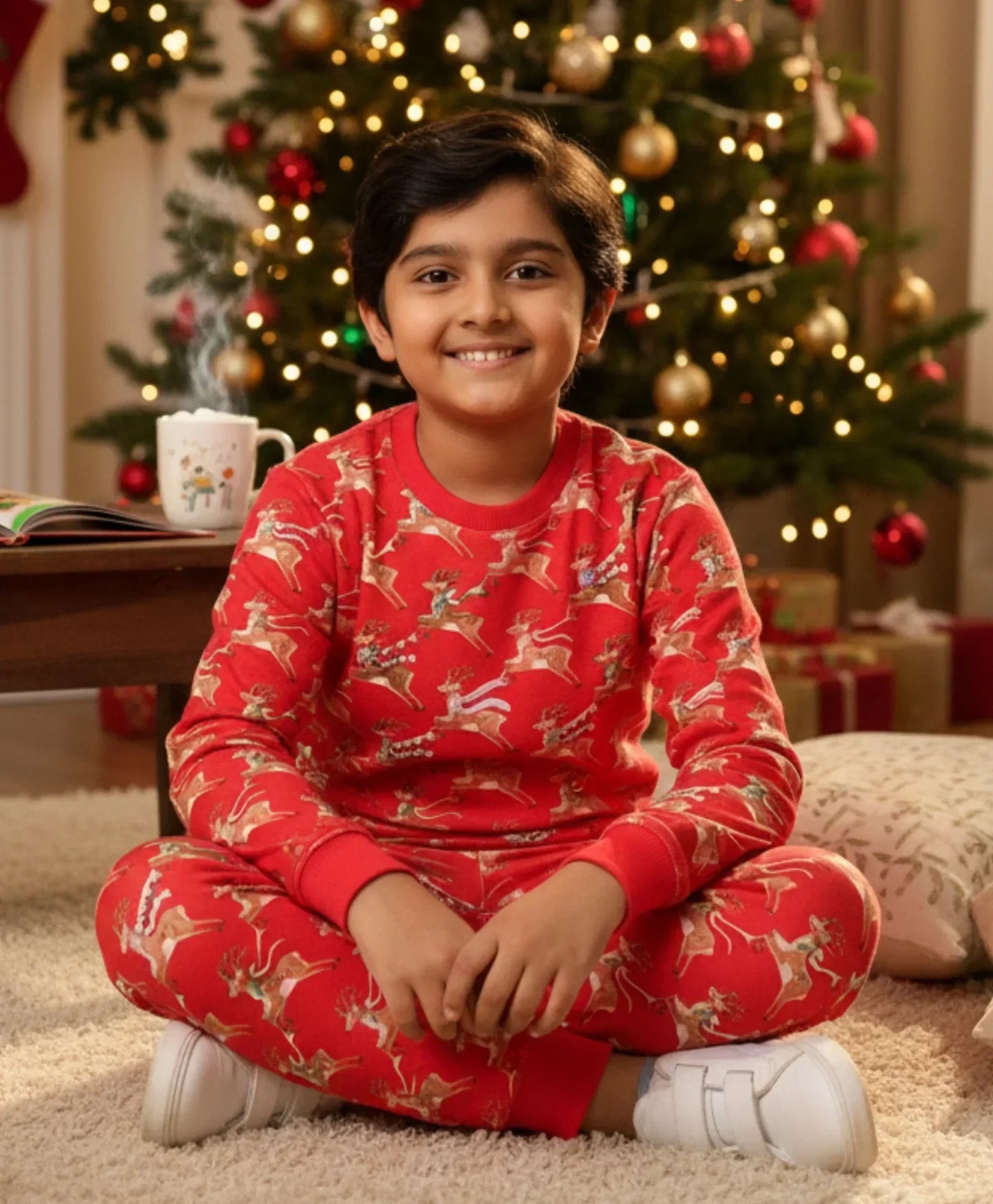 REINDEER PRINT FLEECE BOYS SWEATSHIRT JOGGER SET - RED