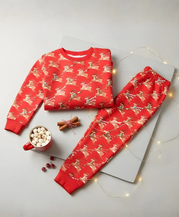 REINDEER PRINT FLEECE BOYS SWEATSHIRT JOGGER SET - RED