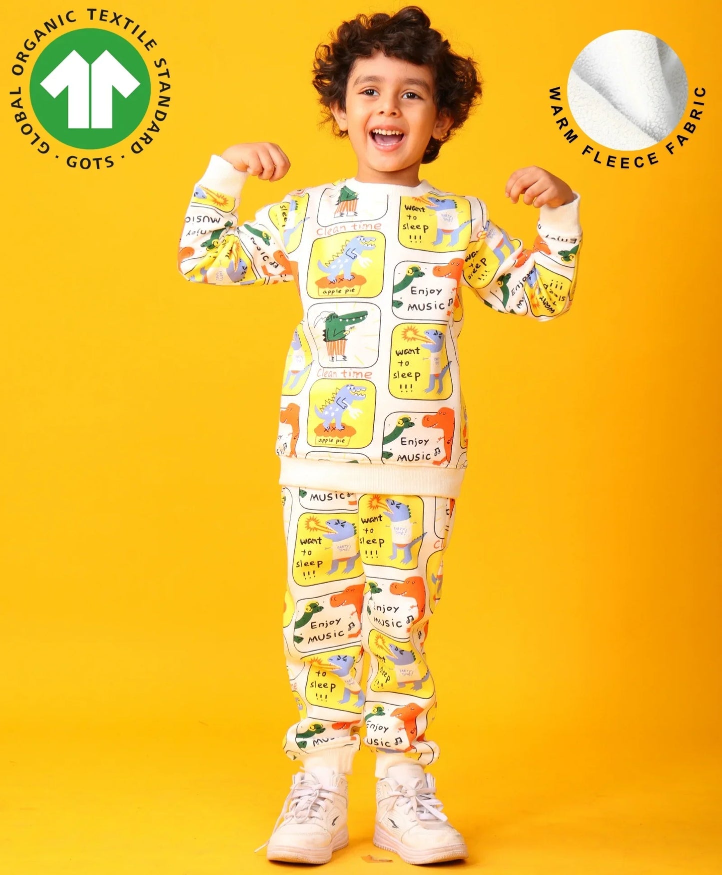 DINOSAUR STAMP FLEECE BOYS SWEATSHIRT JOGGER SET - OFF WHITE