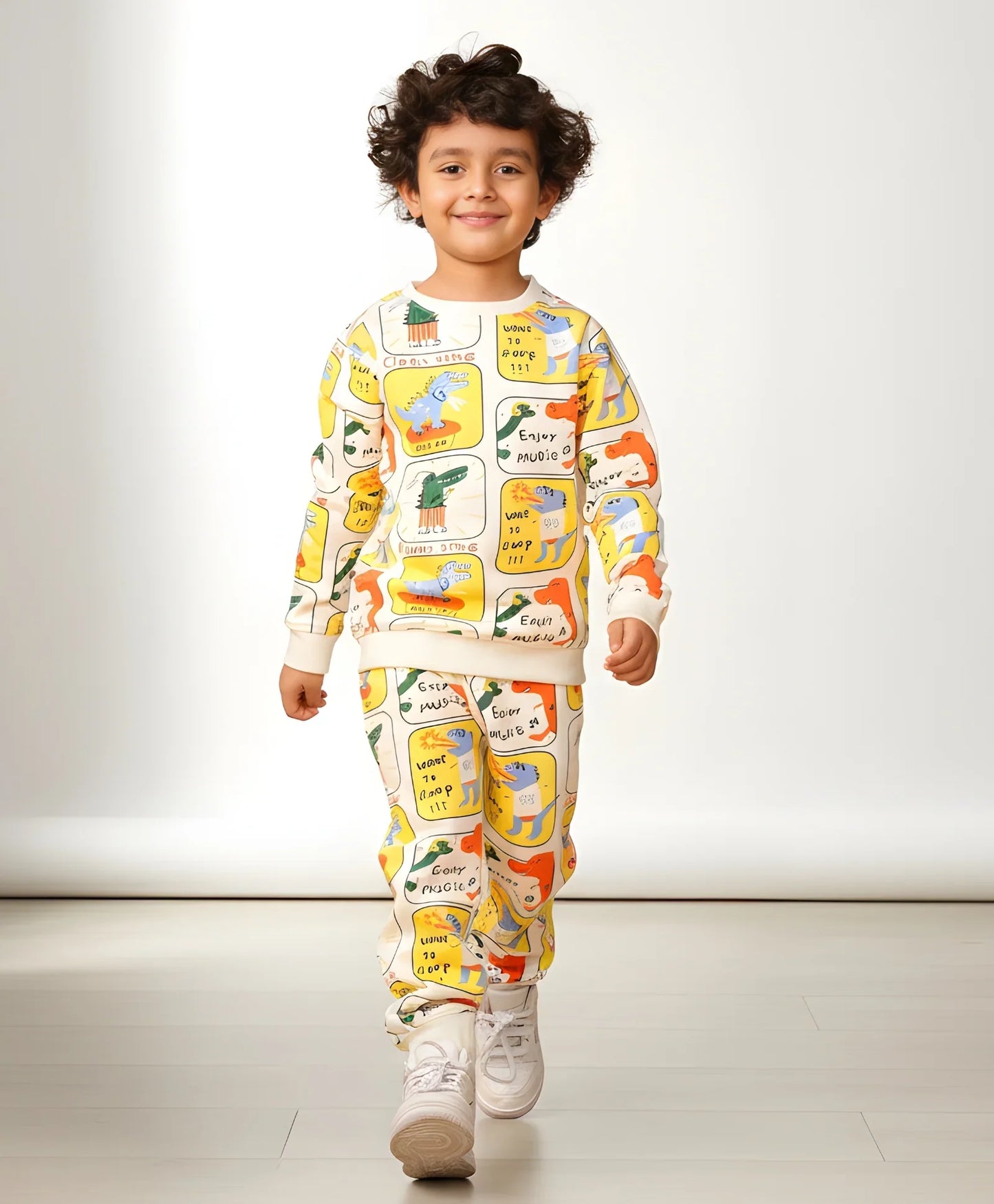 DINOSAUR STAMP FLEECE BOYS SWEATSHIRT JOGGER SET - OFF WHITE