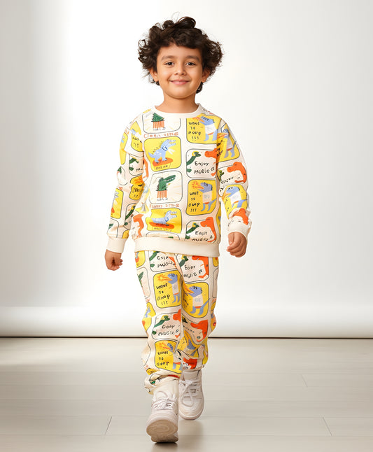 DINOSAUR STAMP FLEECE BOYS SWEATSHIRT JOGGER SET - OFF WHITE