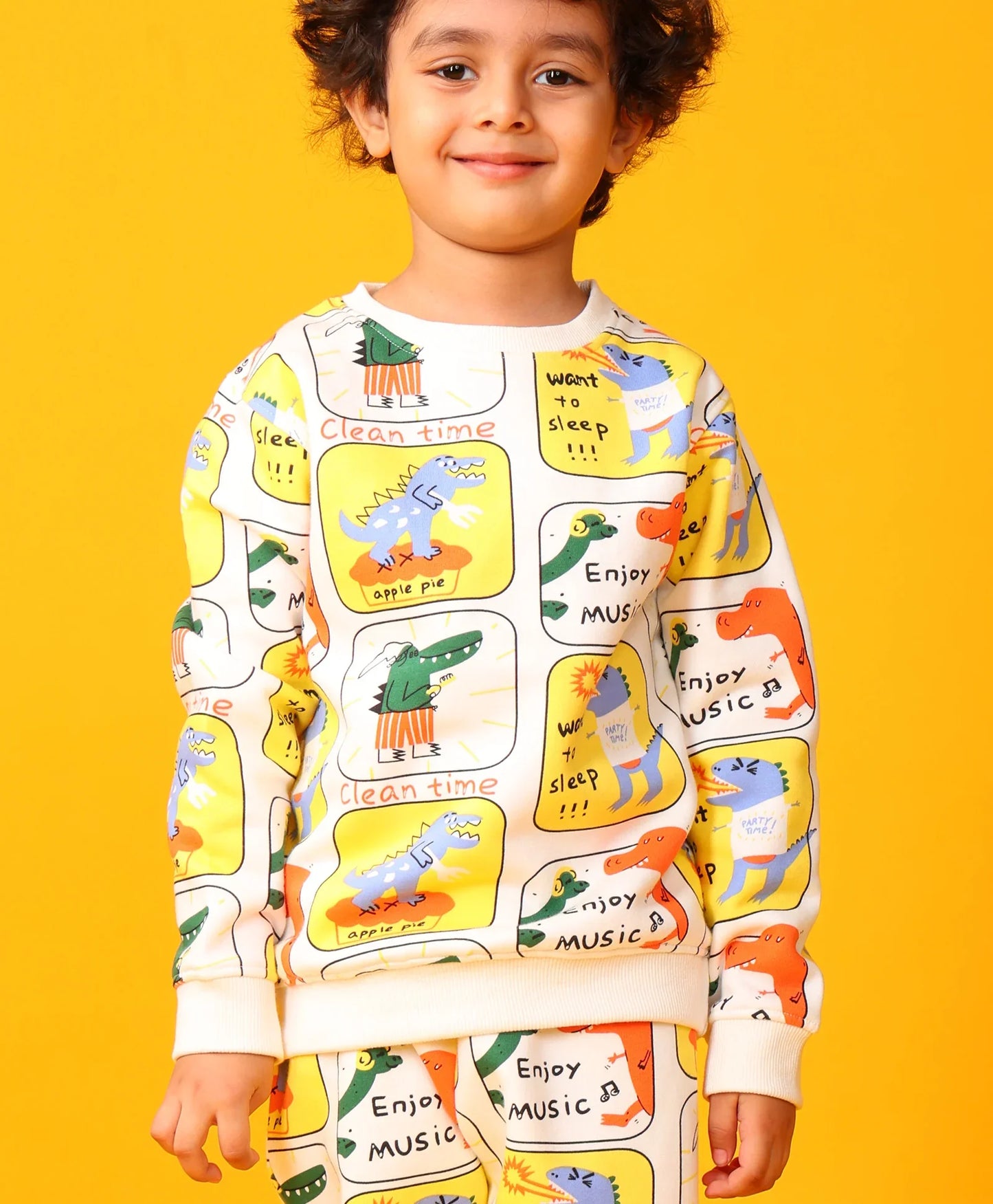 DINOSAUR STAMP FLEECE BOYS SWEATSHIRT JOGGER SET - OFF WHITE