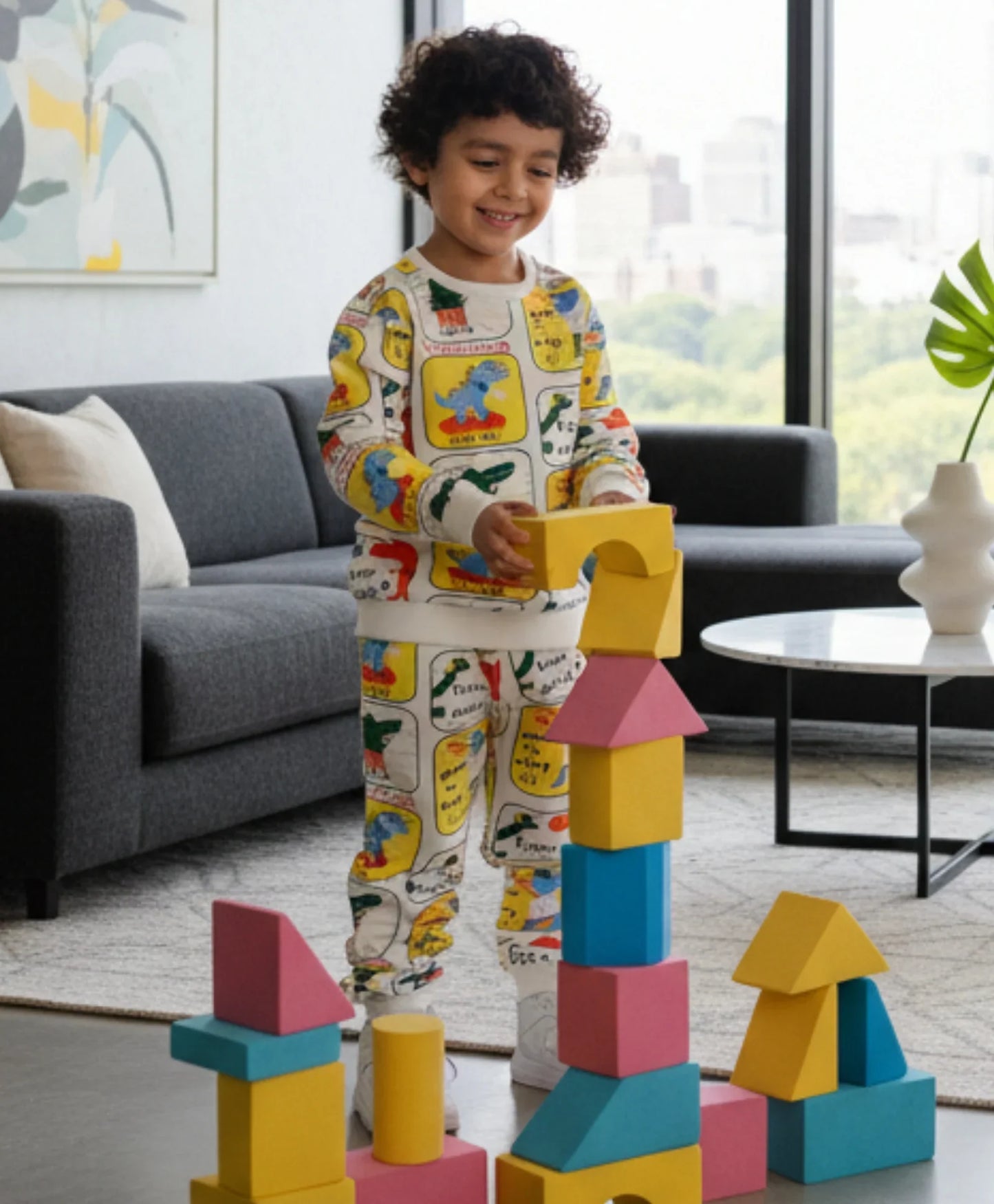 DINOSAUR STAMP FLEECE BOYS SWEATSHIRT JOGGER SET - OFF WHITE