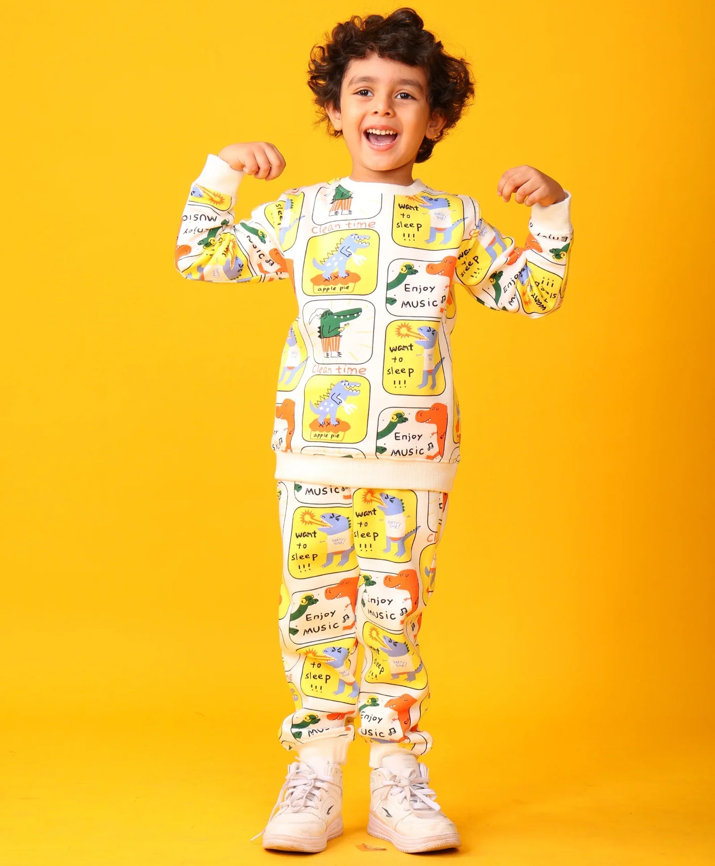 DINOSAUR STAMP FLEECE BOYS SWEATSHIRT JOGGER SET - OFF WHITE