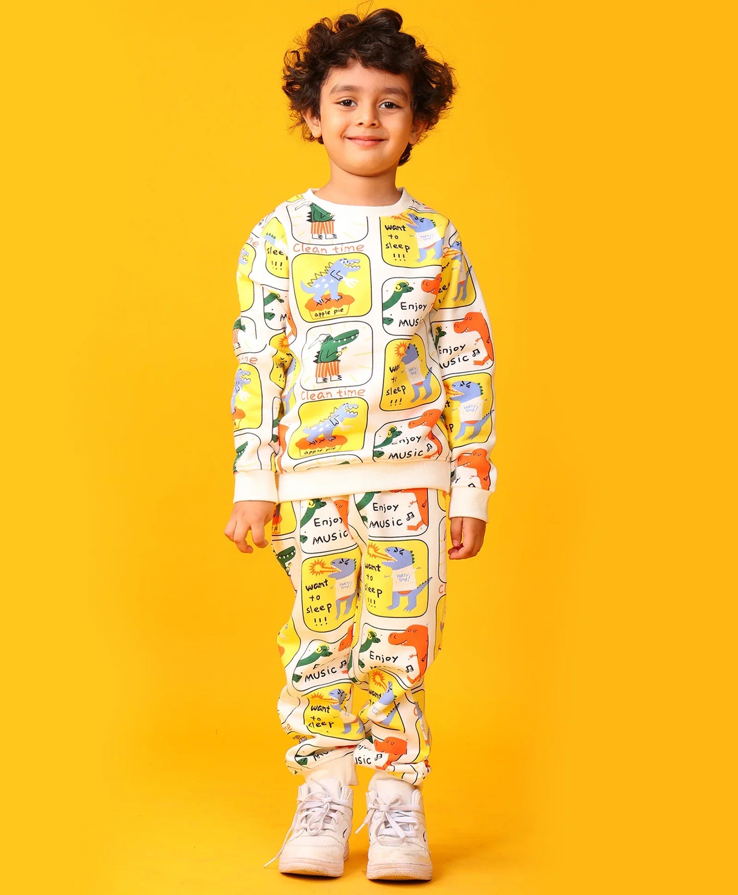 DINOSAUR STAMP FLEECE BOYS SWEATSHIRT JOGGER SET - OFF WHITE