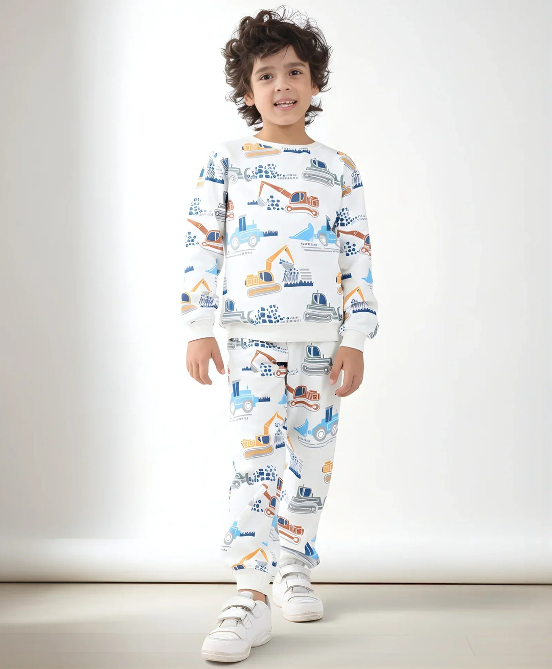 DIGGER PRINT FLEECE BOYS SWEATSHIRT JOGGER SET - OFF WHITE - Anthrilo 