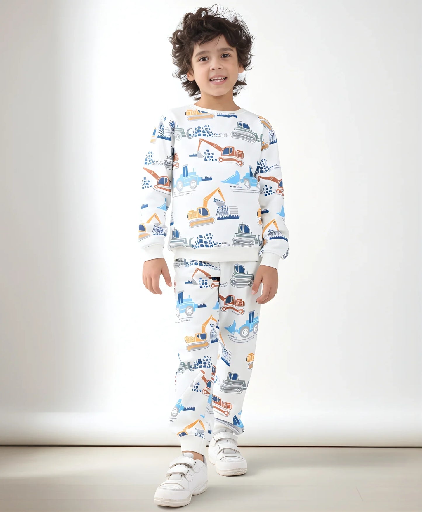 DIGGER PRINT FLEECE BOYS SWEATSHIRT JOGGER SET - OFF WHITE